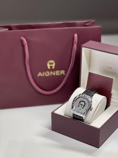 ساعة اجنر verona بالماس ووجه mother of pearl- فضي/ ابيض صدفي/ اسود جلد