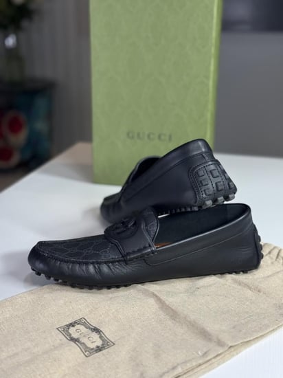 لوفر رسمي قوتشي سجنشر انترلوك Gucci Square Toe Leather Loafers Black Interlocking G