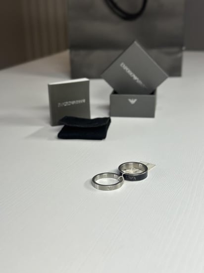 ارماني خاتم مقاس ١١ دبل رنق اسود وفضي  لوقو