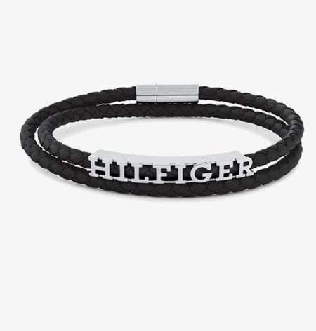 اسوار تومي TOMMY HILFIGER BRYAN BRACELET LEATHER 2790587 برايان جلد اسود مع لوقو معدني فضي