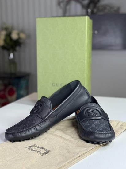 لوفر رسمي قوتشي سجنشر انترلوك Gucci Square Toe Leather Loafers Black Interlocking G