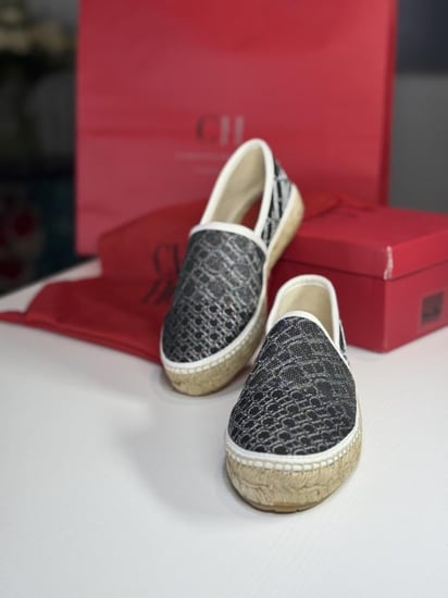 كارولينا اسبادريل باسود سجنشر لامع مع فضي وجلد espadrilles Caroline Herrera black limited