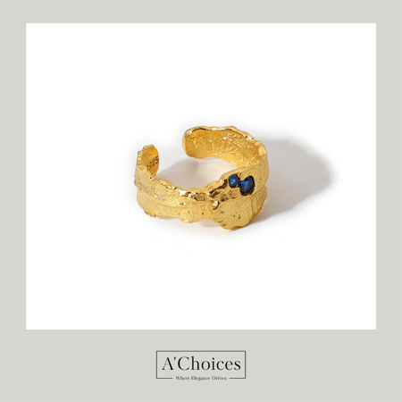 خاتم مصنوع من الفضة عيار 925 مطلي بالذهب مع حجر أزرق قابل للتعديل