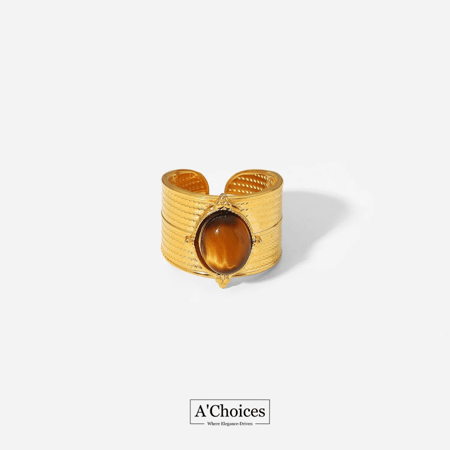 خاتم عريض مطلي بالذهب مع حجر عسلي بلونين ذهبي وفضي قابل للتعديل