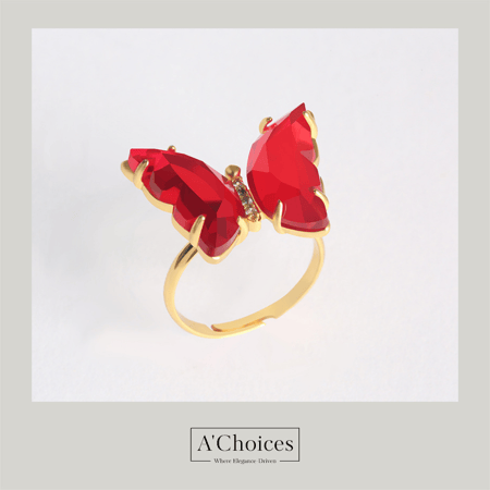 خاتم مطلي بالروديوم على شكل فراشة بالكريستال الزجاجي الملون