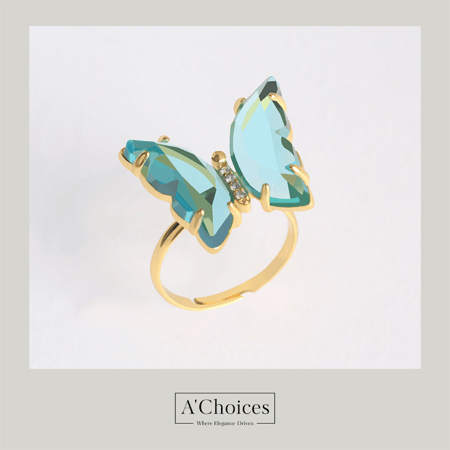 خاتم مطلي بالروديوم على شكل فراشة بالكريستال الزجاجي الملون