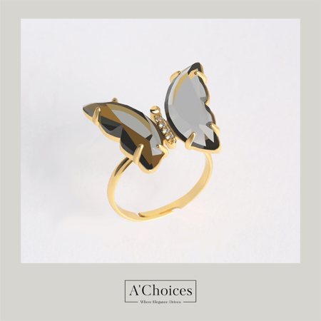 خاتم مطلي بالروديوم على شكل فراشة بالكريستال الزجاجي الملون