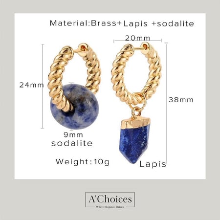 اقراط ذهبية مزينة باحجار كريمة بتصميم معاصر غير متماثل