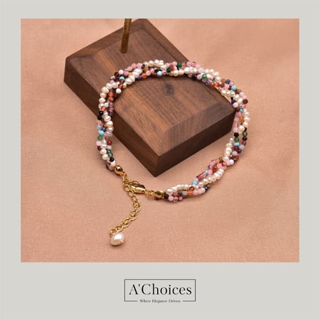 سوار مصنوع يدوياً من النحاس المطلي بالذهب عيار 18 مع اللؤلؤ الزراعي والأحجار الملونة