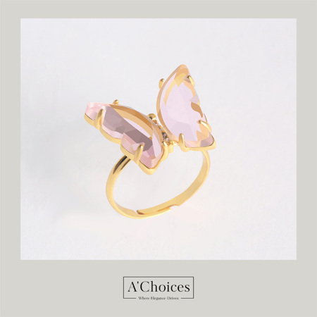 خاتم مطلي بالروديوم على شكل فراشة بالكريستال الزجاجي الملون