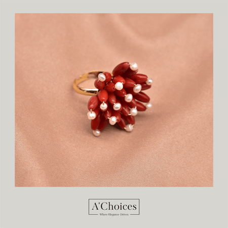 خاتم مصنوع يدويا من الفضة عيار 925 مطلي بالذهب عيار 18 مع اللؤلؤ الزراعي وحجر المرجان قابل للتعديل