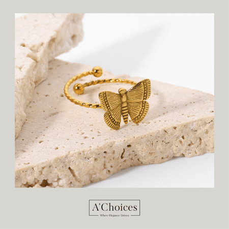 خاتم على شكل فراشة مطلي بالذهب قابل للتعديل