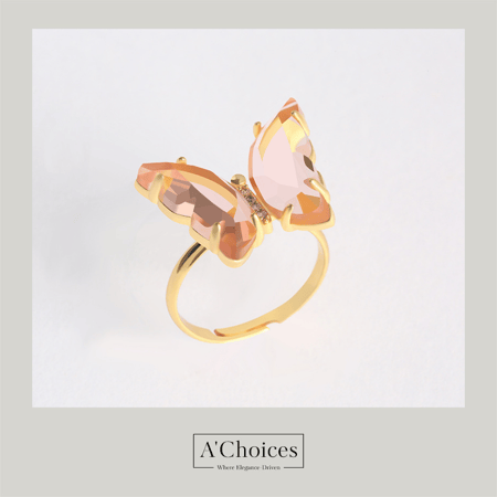 خاتم مطلي بالروديوم على شكل فراشة بالكريستال الزجاجي الملون