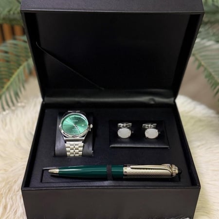 طقم فاخر ساعة كاسيو مع قلم وكبك - زيتي