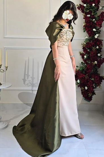 فستان سهره توب بأكمام مزين بالكرستال لون زيتوني وبيج