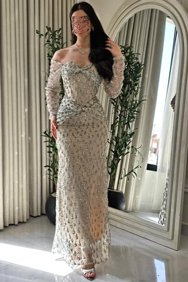 فستان سهره أوف شولدر  مشغول لون ذهبي