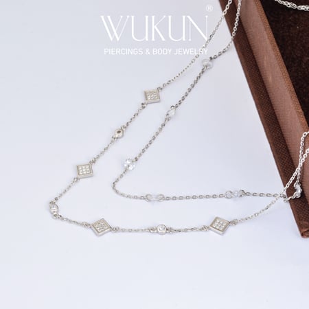 سلسال فضة عيار 925 طبقتين في واحد مربعات بفصوص لامعه