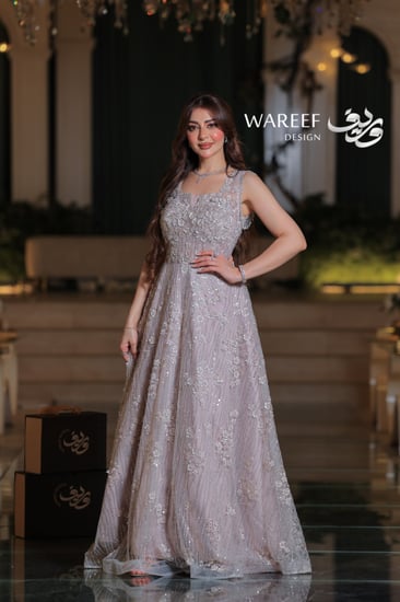 فستان سهرة لافندر تول مطرز بالزهور والكريستال قصة A-Line