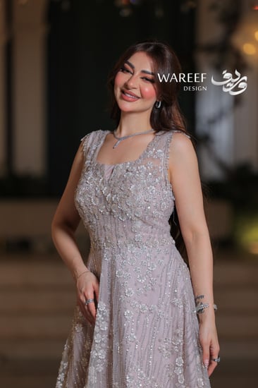 فستان سهرة لافندر تول مطرز بالزهور والكريستال قصة A-Line