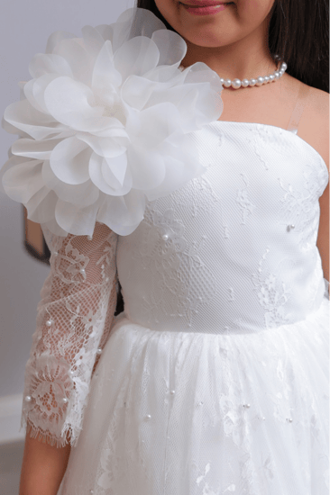 فستان بناتي كتف واحد بوردة ثلاثية الأبعاد ودانتيل فاخر