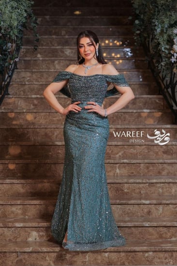 صور  فستان سهره اوف شولدر باللون التيفاني المميز