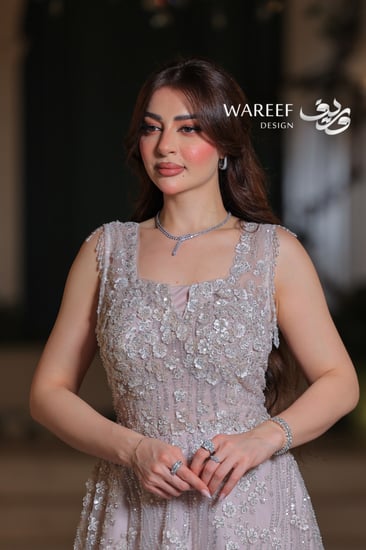 فستان سهرة لافندر تول مطرز بالزهور والكريستال قصة A-Line