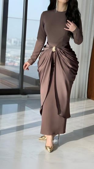 فستان بني  بتفاصيل Draping أنيقة ولمسة فخامة عصرية
