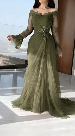 فستان سهرة لافندر بقصة أوف شولدر وتنورة تول منسدلة