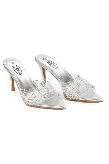 حذاء كلاسيكي مفتوح بمقدمة شفافة رفيعة مزينة باللؤلؤ وكعب عالِ رفيع