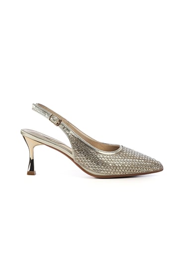 حذاء كلاسيكي سهرة أنيق بمقدمة مدببة مرصعة بأحجار لامعة وكعب عالِ رفيع و إبزيم إغلاق