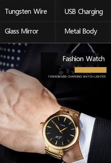 ساعة رجالي مع ولاعة الكترونية قابلة للشحن بسير معدني قابل للتعديل لون ذهبي