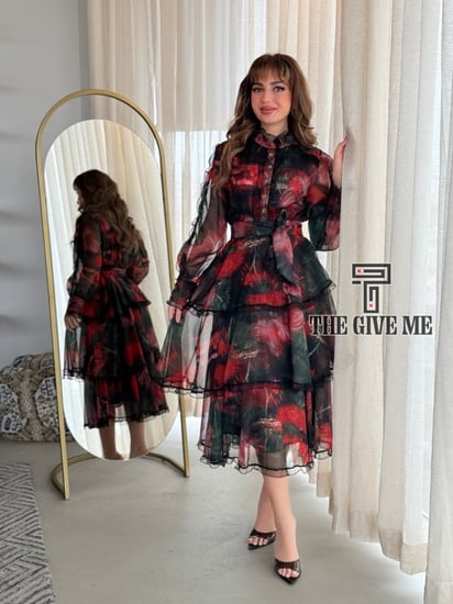 فستان ميدي بخامه مورد وبطانه منفصله مورده راقي