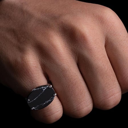 خاتم فضة شنكار أسود معرق عيار 925 أسترليني