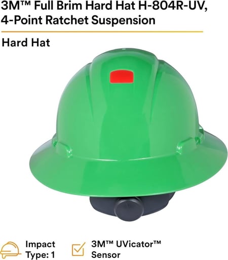قبعة صلبة كاملة الحواف من 3M H-804R-UV، خضراء، تعليق بأربع نقاط، مع Uvicator