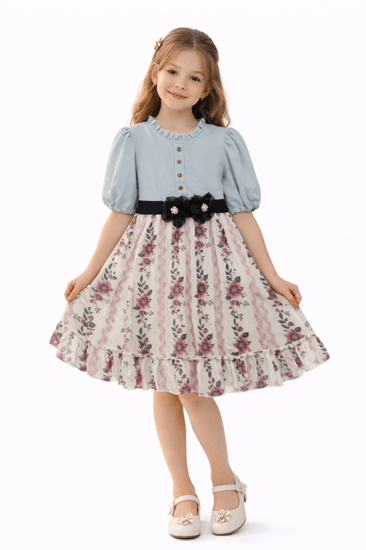 فستان بناتي أنيق بطبعات ورد ناعمة وحزام مزين بالورود