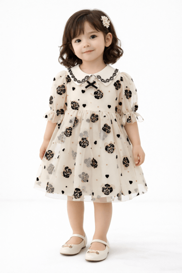 فستان بناتي فاخر بتطريز ورود سوداء وياقة دانتيل أنيقة