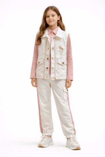 طقم بناتي أنيق بفيست وردي وبنطلون كارغو عصري