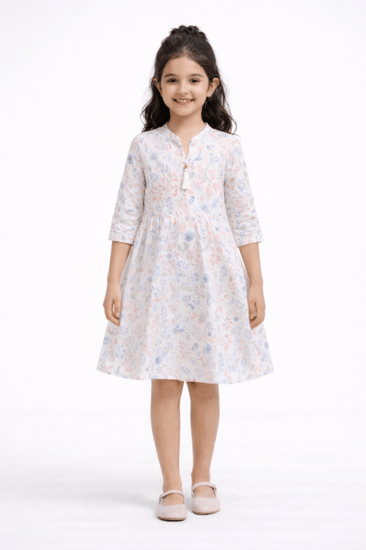 فستان بناتي ناعم بطبعة زهور باستيل وتصميم مريح وأنيق