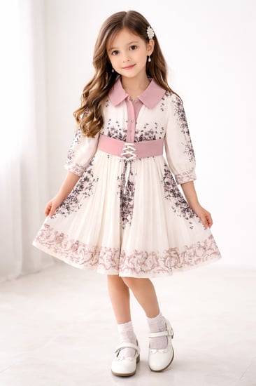 فستان بناتي أنيق بطبعات ورد وياقة وردية ناعمة