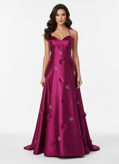 فستان سهرة ساتان فاخر بتطريزات ورود ولمسات براقة