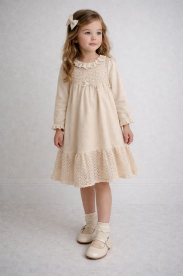 فستان بناتي كريمي أنيق بتفاصيل دانتيل وكشكش ناعم