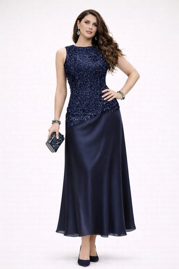 فستان سهرة ميدي فاخر بتصميم لامع وتنورة ساتان ناعمة