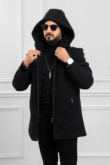 معطف رجالي شتوي طويل مزود بقبعة وجيوب