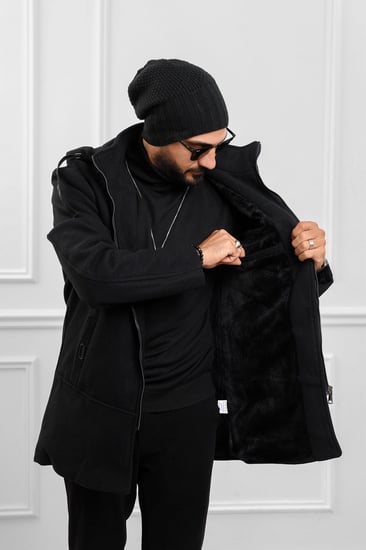 معطف رجالي شتوي طويل مزود بقبعة وجيوب