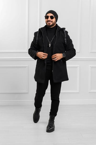 معطف رجالي شتوي طويل مزود بقبعة وجيوب