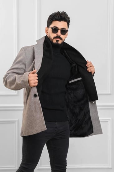 معطف بياقة عالية بمظهر صوف