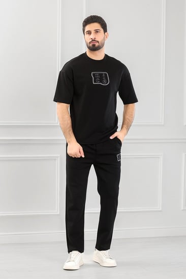 طقم رجالي  أوفر سايز نص كم بنطال طويل