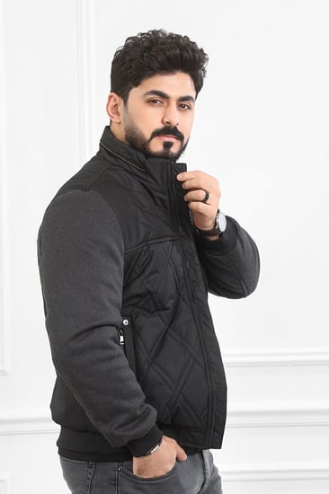 جاكيت رجالي شتوي سحاب فرو بأكمام قماشية مزمومة ضد الماء