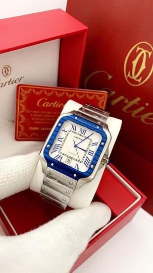 ساعة كــارتير سانتوس - فضي بإطار أزرق ومينا أبيض