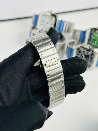 ساعة كارتير رجالية - فضي بإطار مربع ومينا أسود مع سوار أزرق